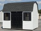 White and Black 8x12 Dutch Barn Style Storage Shed with vinyl siding and fiberglass doors